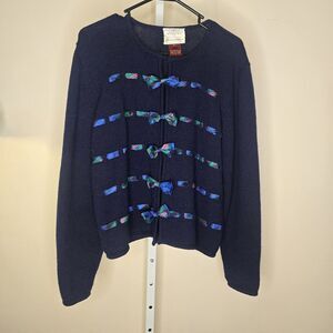 Vintage Susan Bristol 1989 Blue Bow Tie Ribbons Knit Wool Cardigan Sweater L
